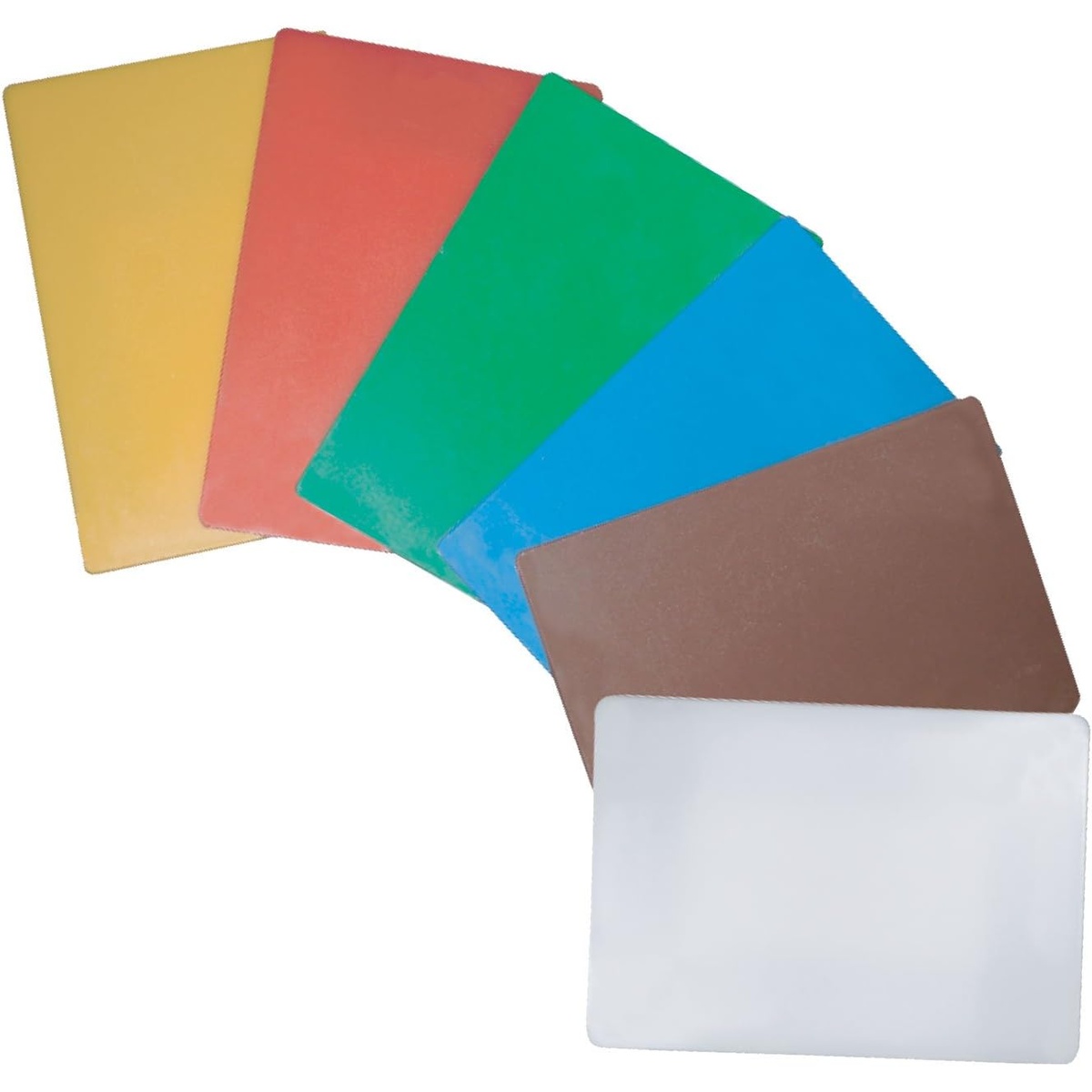 Thunder Group polyethylene cutting boards fanned out in multiple colors including yellow, red, green, blue, brown, and white