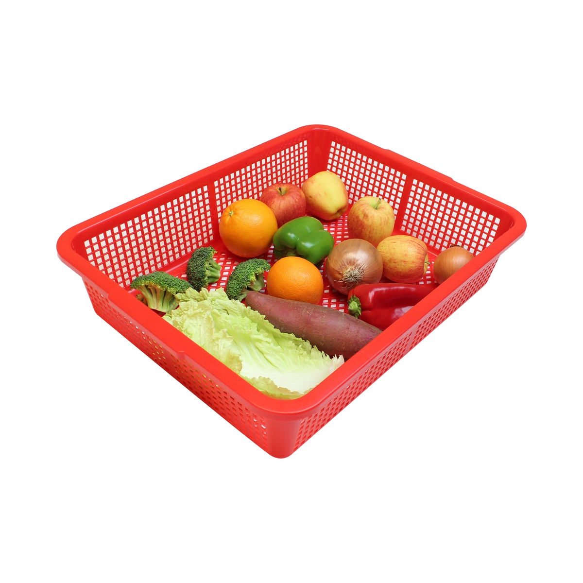 Thunder Group PLFB001 red plastic colander filled with fresh fruits and vegetables including apples, broccoli, and peppers
