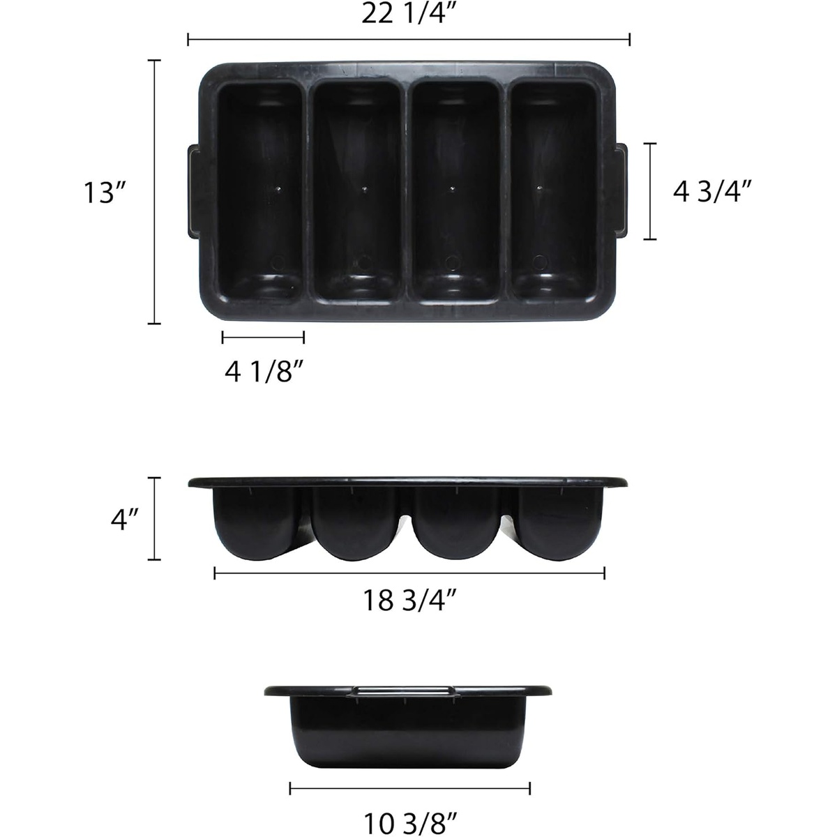 Dimensional diagram of Thunder Group PLFCCB001B cutlery box showing 22-1/4 inch length, 13 inch width, 4 inch height, and 4-1/8 inch compartment width
