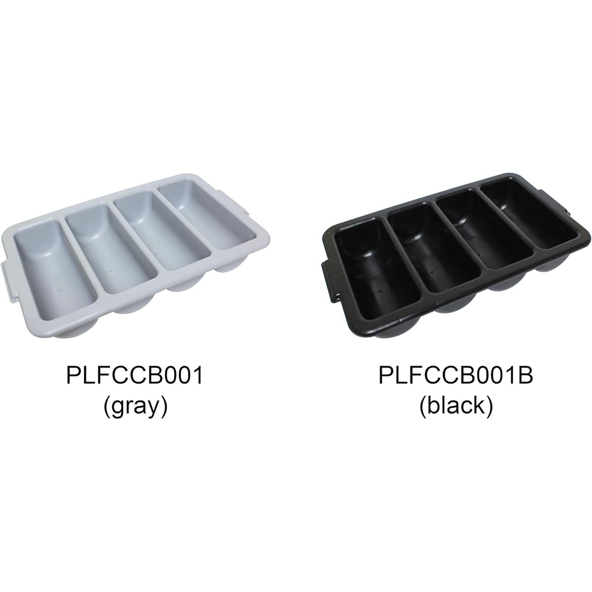 Side-by-side comparison of Thunder Group PLFCCB001 gray and PLFCCB001B black 4-compartment cutlery boxes