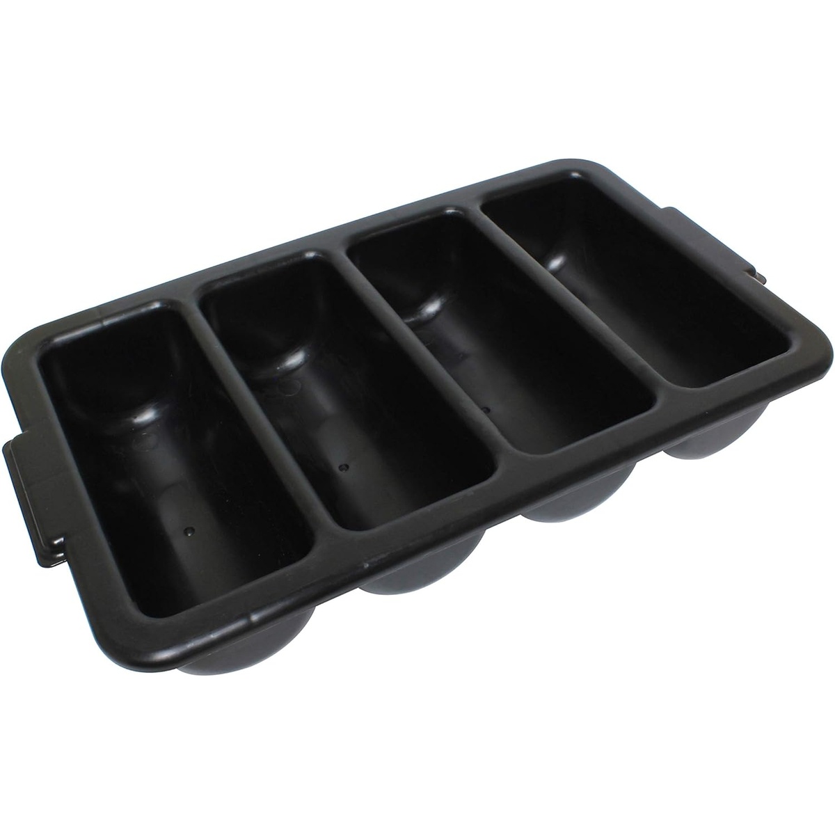 Thunder Group PLFCCB001B black 4-compartment polypropylene cutlery box with integrated handles, angled view