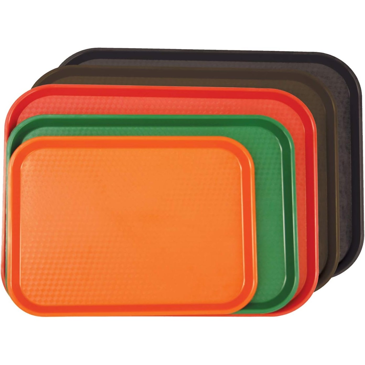 Multiple Thunder Group fast food trays in various colors stacked together showing stackable design
