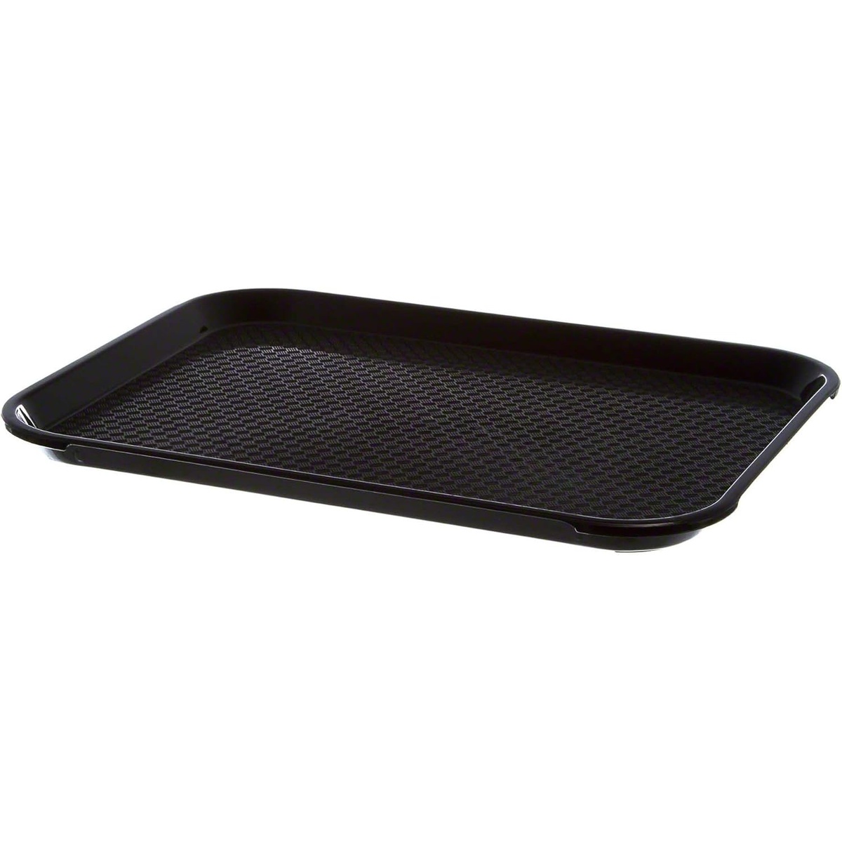 Thunder Group black fast food tray angled view showing raised rim and textured field