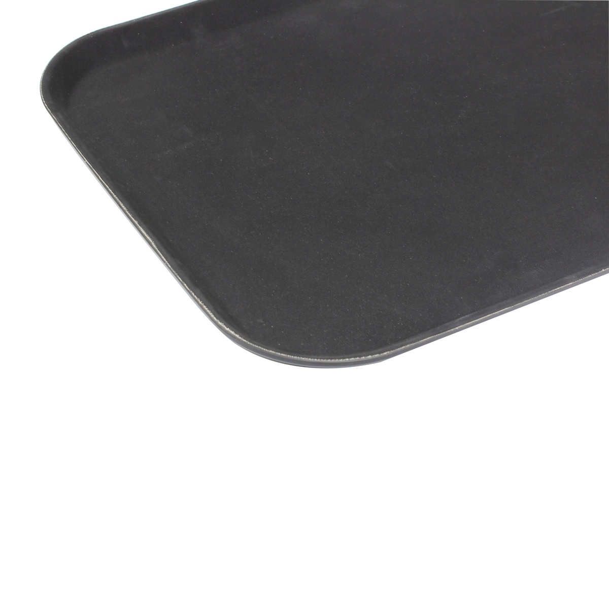 Close-up corner detail of Thunder Group black fast food tray showing rounded edge and textured surface