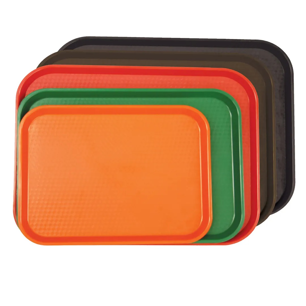 Stacked Thunder Group polypropylene fast food trays in multiple colors including orange, green, red, and dark brown