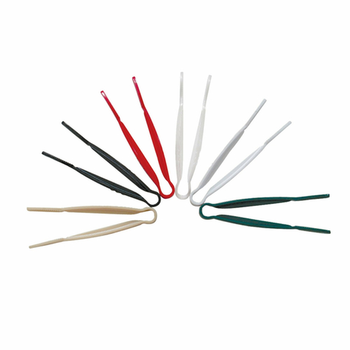 Thunder Group flat grip serving tongs in multiple colors including black, red, white, beige, and green arranged in a fan pattern
