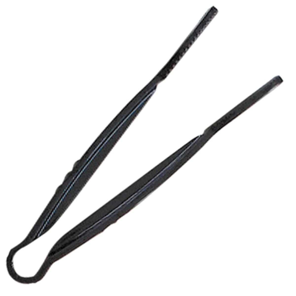 Close-up of a single black polycarbonate flat grip serving tong showing textured grip and spring-loaded design