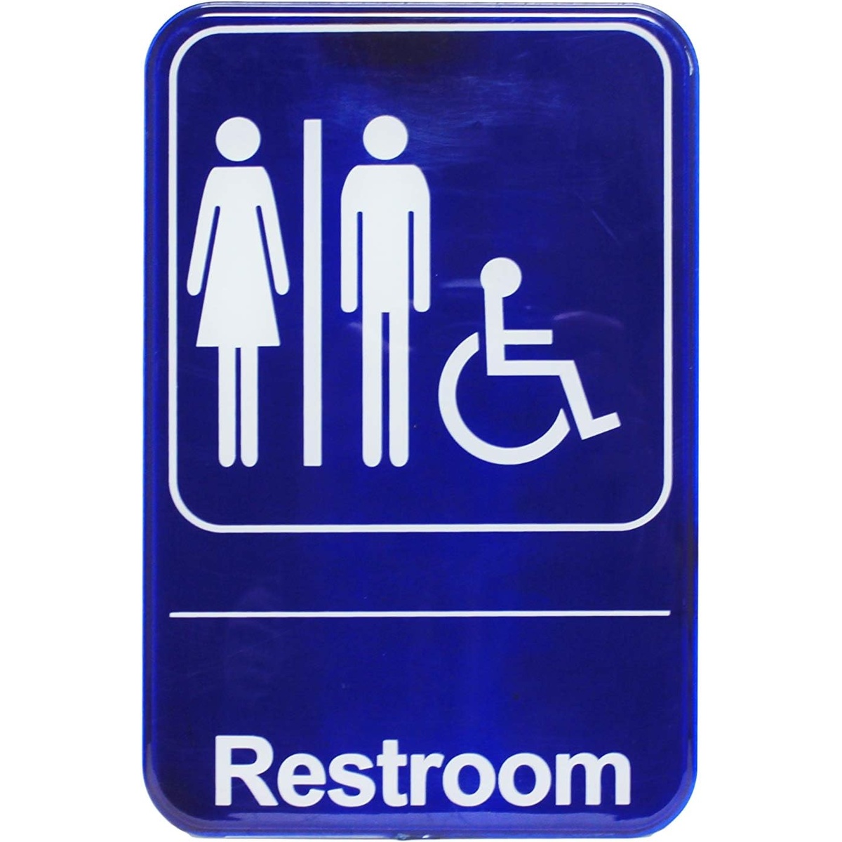 Thunder Group PLIS6903BL blue restroom sign with men, women, and wheelchair accessible symbols and Restroom text