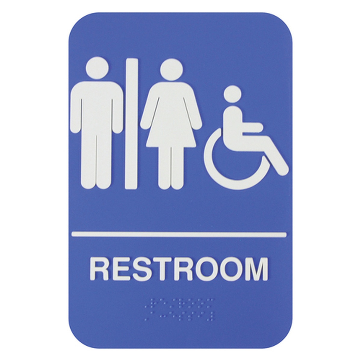 Thunder Group PLIS6960BL blue restroom and accessible symbol sign with white male, female, and wheelchair icons and Braille text