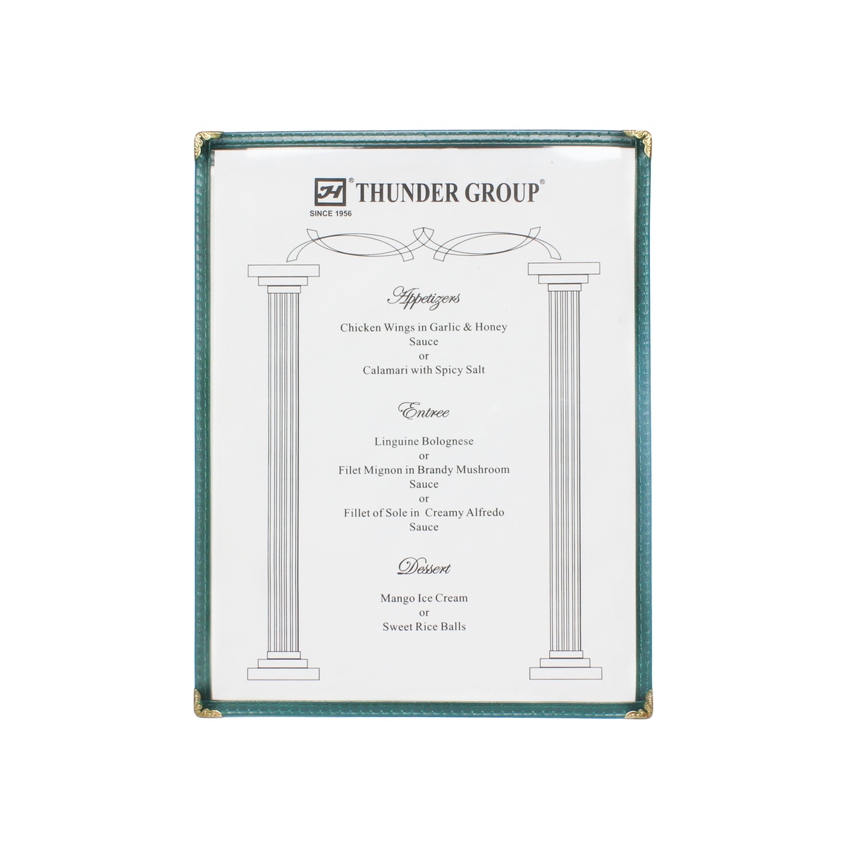 Thunder Group PLMENU-1GR green single pocket menu cover with gold brass corner protectors, open to display a letter-sized menu insert