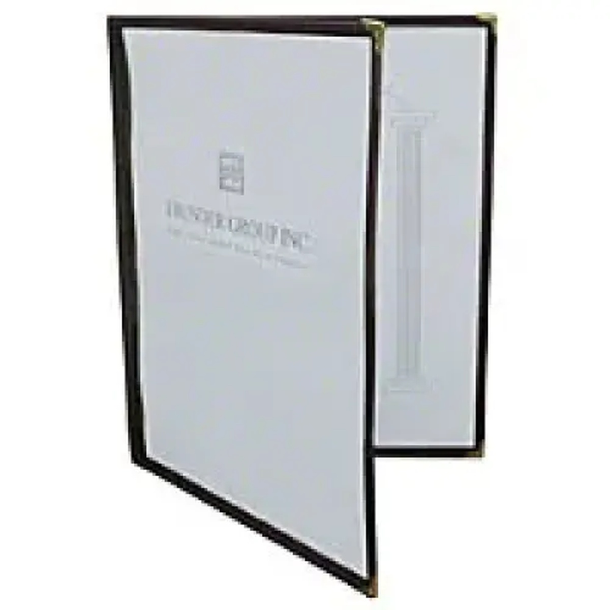 Thunder Group PLMENU-2BL black two-page menu cover open showing double pocket design with gold corner accents