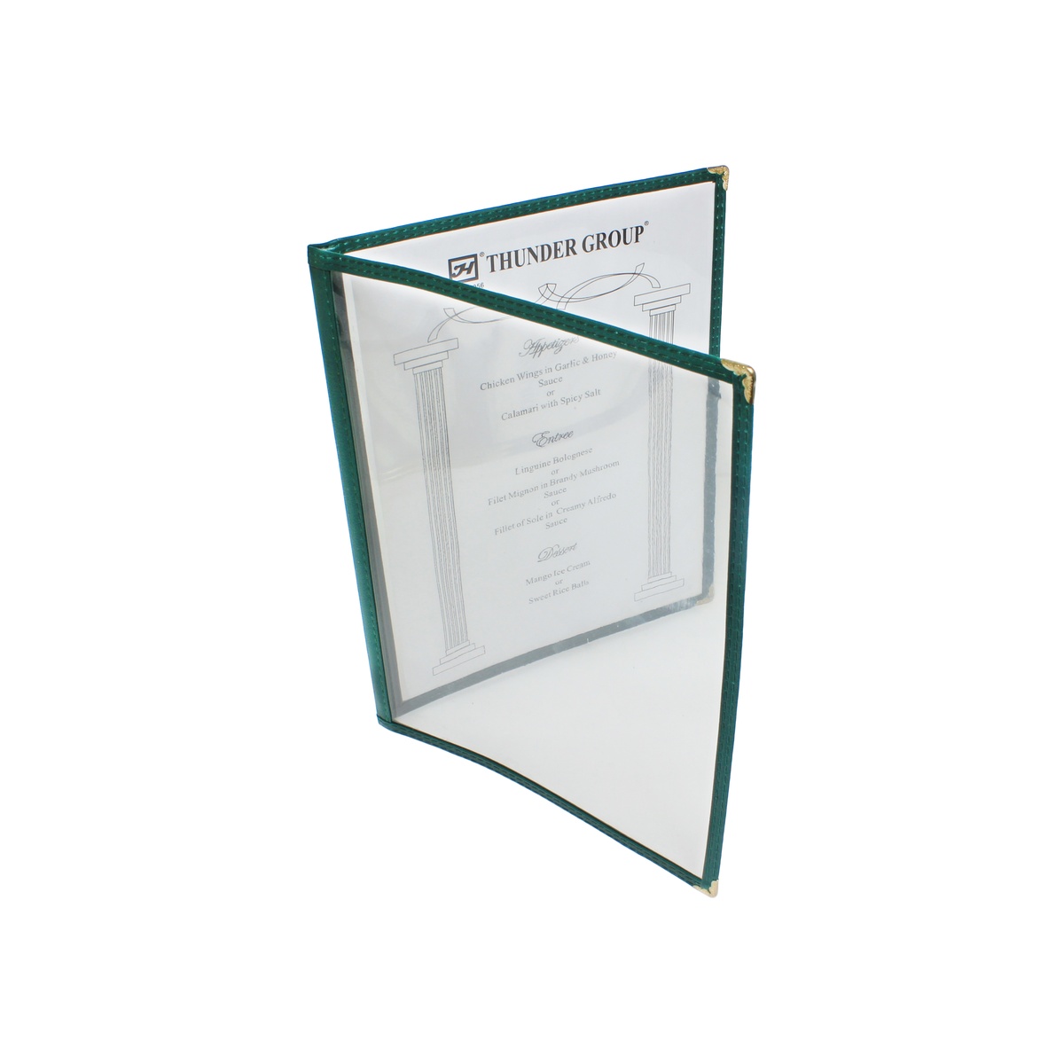Thunder Group PLMENU-2GR green double-fold menu cover open, showing clear see-through panels and gold corner protectors