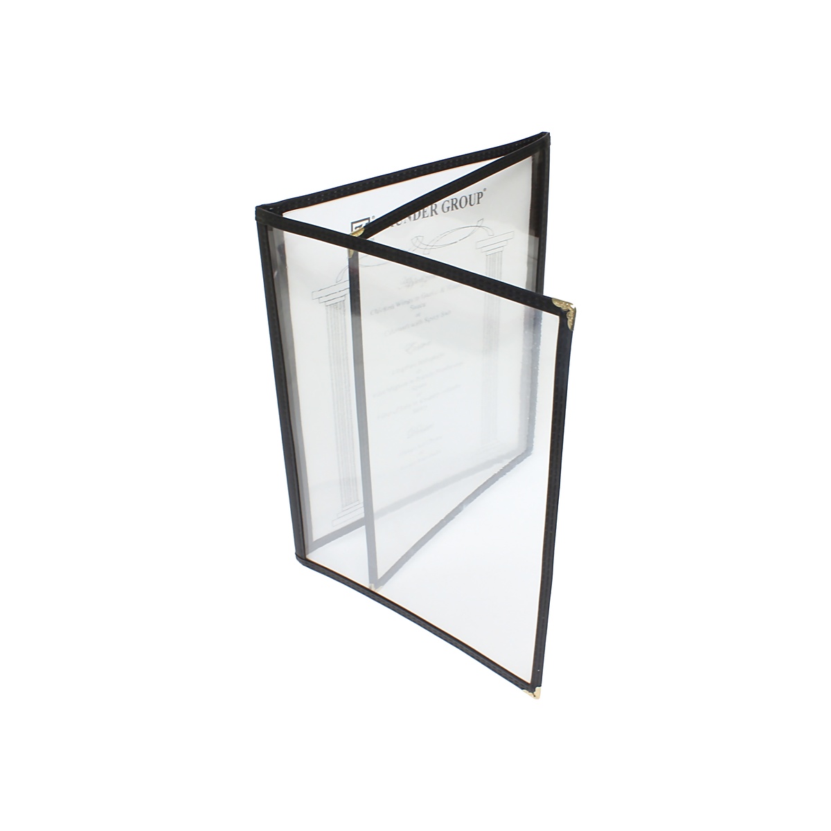 Thunder Group PLMENU-3BL black triple fold menu cover open showing clear see-through pages and gold metal corners
