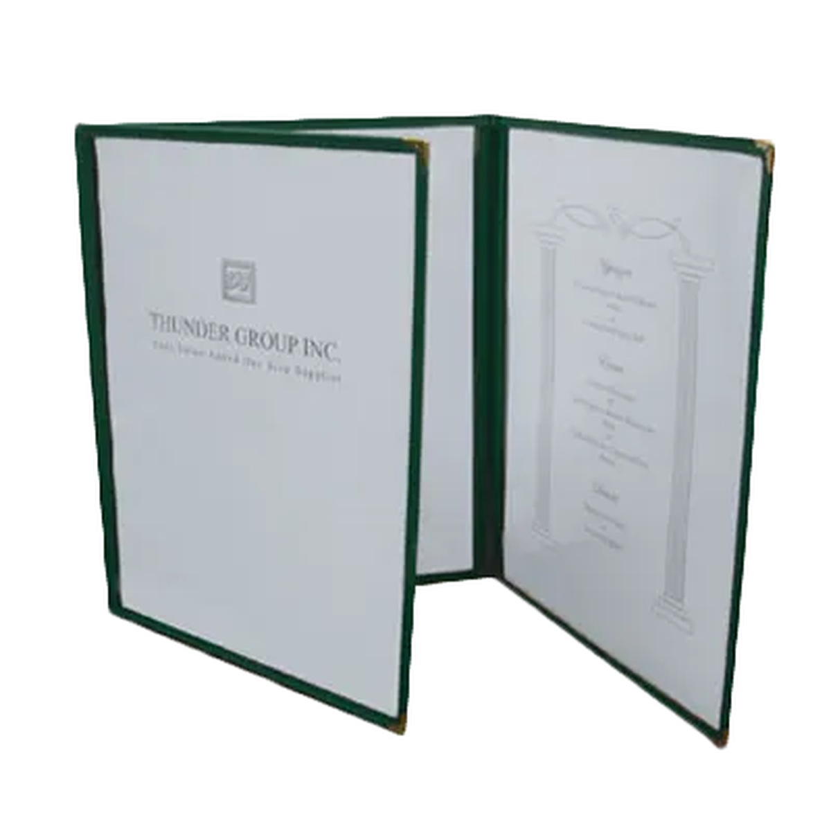 Thunder Group PLMENU-3GR green triple-fold plastic laminate menu cover open showing three interior panels