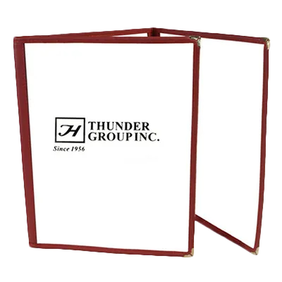 Thunder Group PLMENU-3MA maroon triple-fold menu cover open showing three panels with gold corner accents