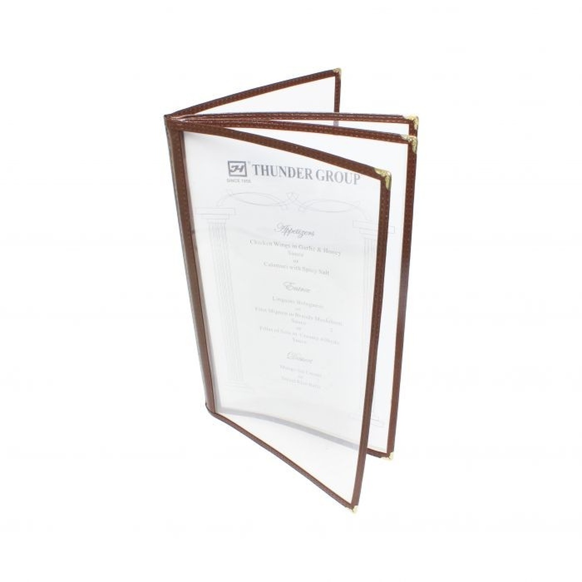 Thunder Group PLMENU-4BR brown book fold menu cover open showing 4 pages with gold metal corners
