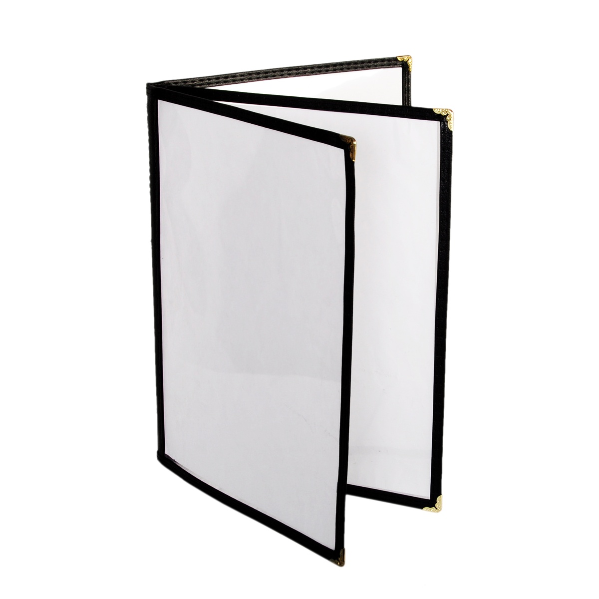 Thunder Group PLMENU-L3BL black faux leather 3-page book fold menu cover open, showing clear page inserts and gold corner accents