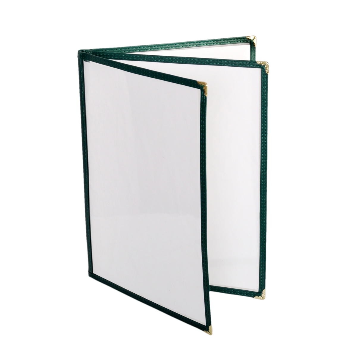 Thunder Group PLMENU-L3GR green 3-page book fold menu cover with gold corner accents, open view