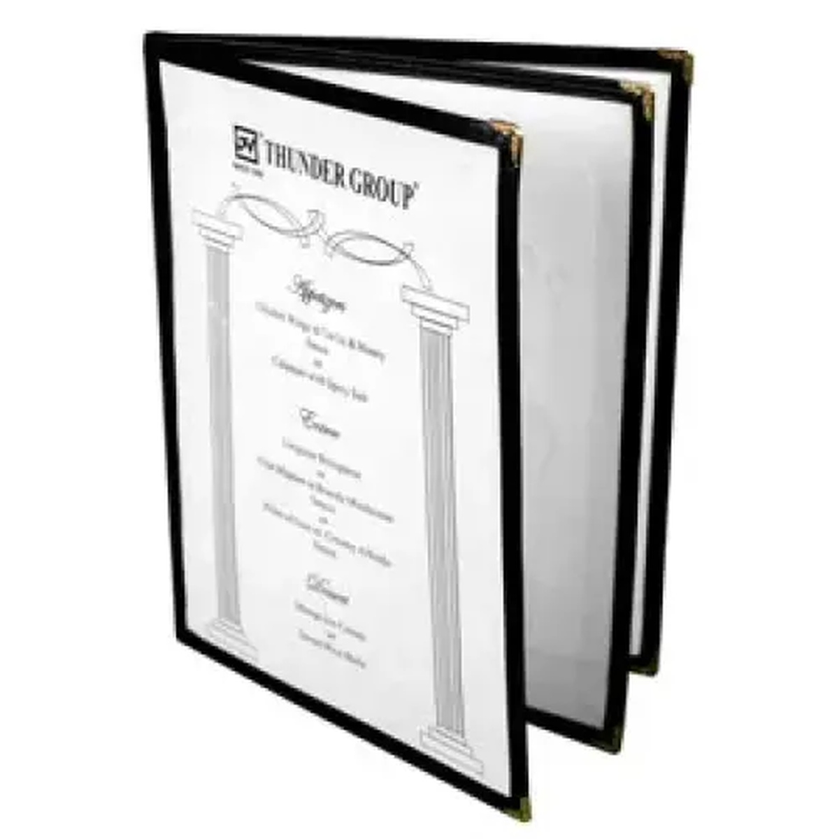Thunder Group PLMENU-L3MA maroon three-page book fold menu cover open to show interior panels