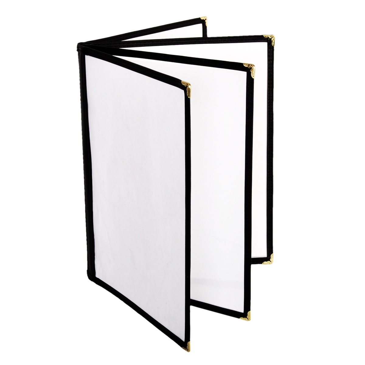 Thunder Group black 4-page book fold menu cover open showing clear page inserts and gold corner accents