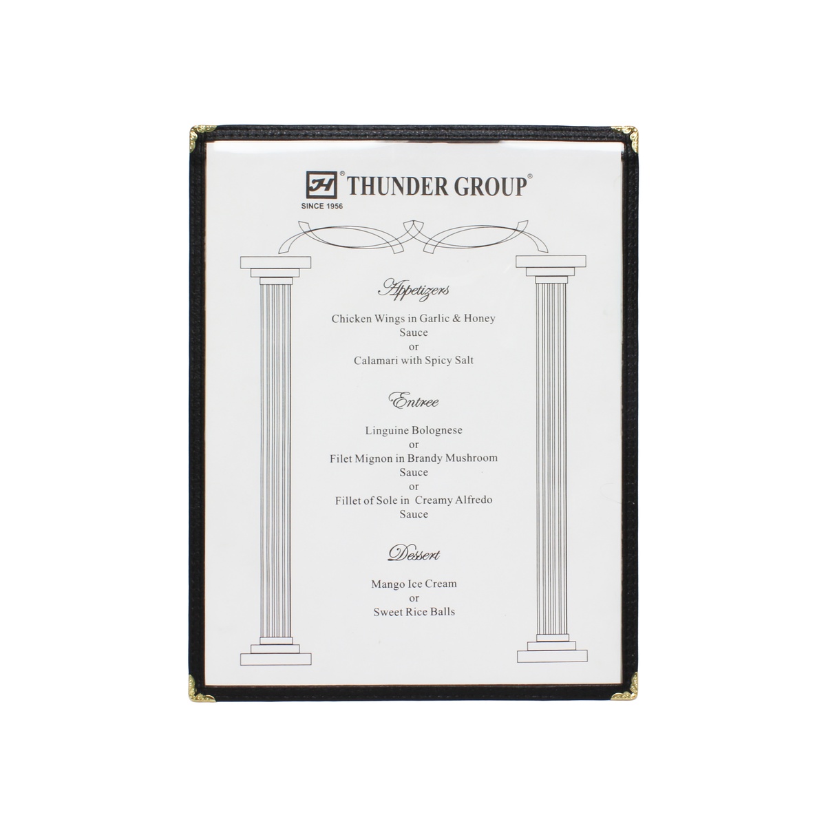 Thunder Group flexible plastic laminate menu cover shown open with sample menu insert