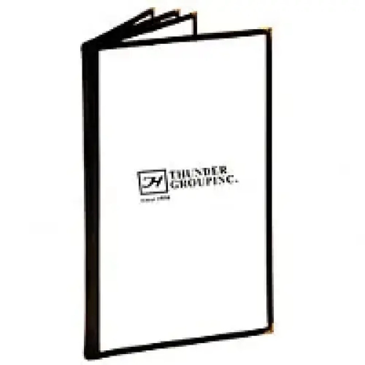 Thunder Group green 4-page book fold menu cover, open view showing flexible plastic laminate construction