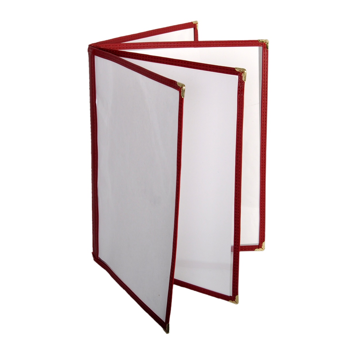 Thunder Group PLMENU-L4MA 4-page book fold menu cover open, showing maroon faux leather trim and gold corner accents