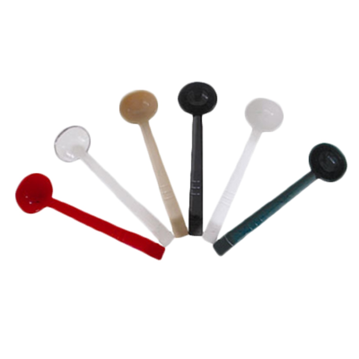 Assortment of Thunder Group one-piece polycarbonate ladles in multiple colors including black, red, white, tan, clear, and teal
