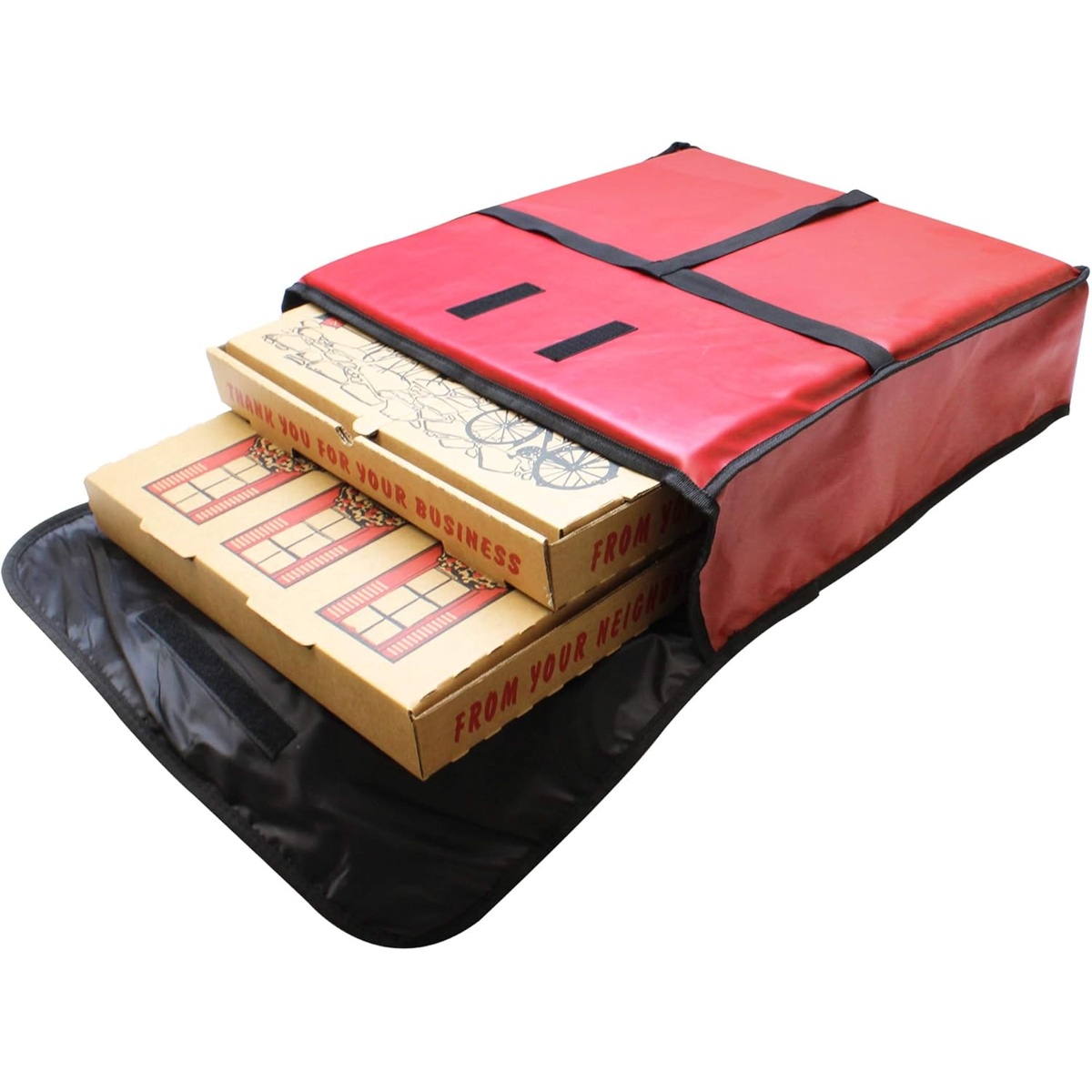 Thunder Group PLPB018 pizza delivery bag open with multiple pizza boxes loaded inside, showing Velcro closure and foam-lined interior
