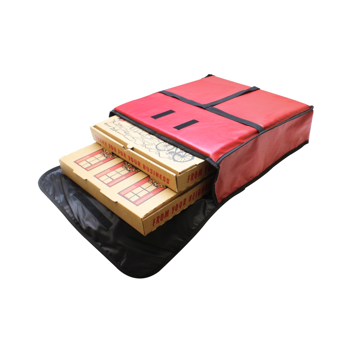 Thunder Group PLPB020 insulated pizza delivery bag open showing two pizza boxes loaded inside the foam-lined interior