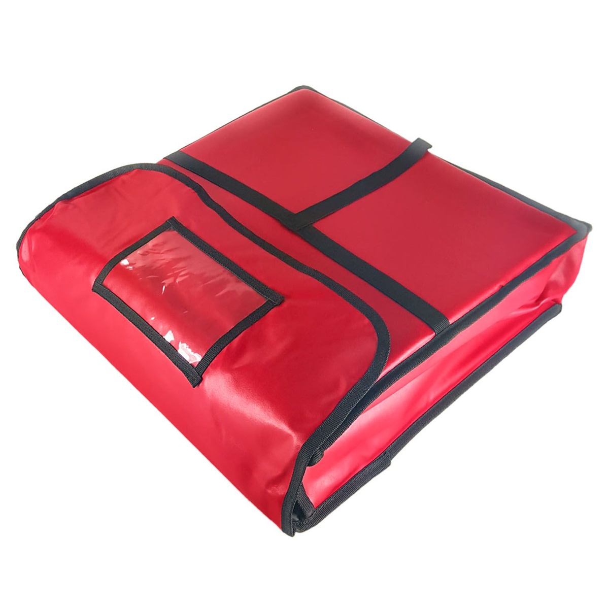 Thunder Group PLPB020 red insulated pizza delivery bag closed, showing Leatheroid PVC exterior with black nylon edges and T-strap