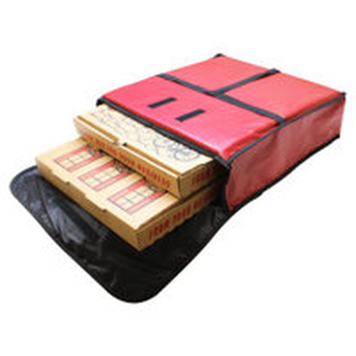 Thunder Group PLPB024 red pizza delivery bag open, demonstrating capacity with two pizza boxes loaded inside