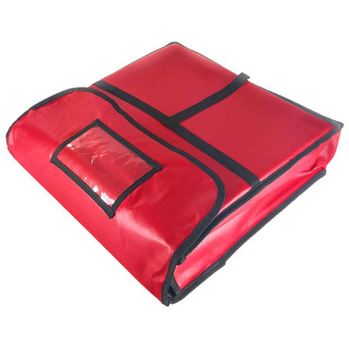 Thunder Group PLPB024 red insulated pizza delivery bag, closed, showing Velcro closure and T-strap handle