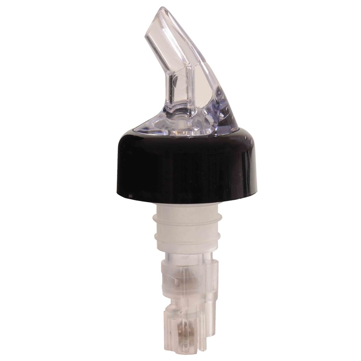 Thunder Group PLPR125C clear measured liquor pourer with black collar on white background