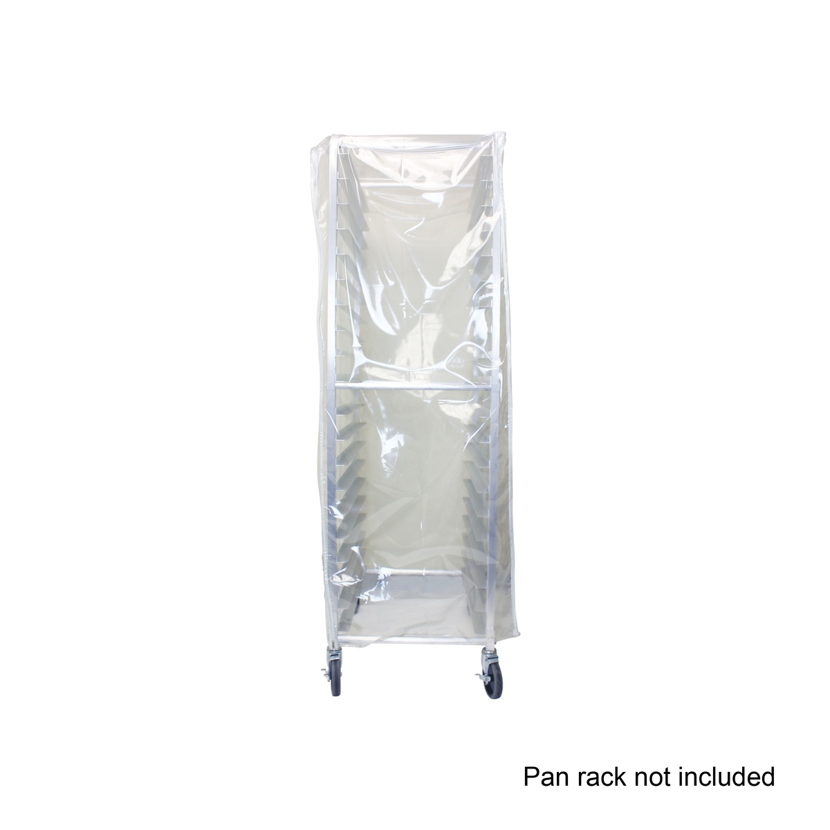 Thunder Group PLPRC020 clear PVC 20-tier sheet pan rack cover draped over a full pan rack