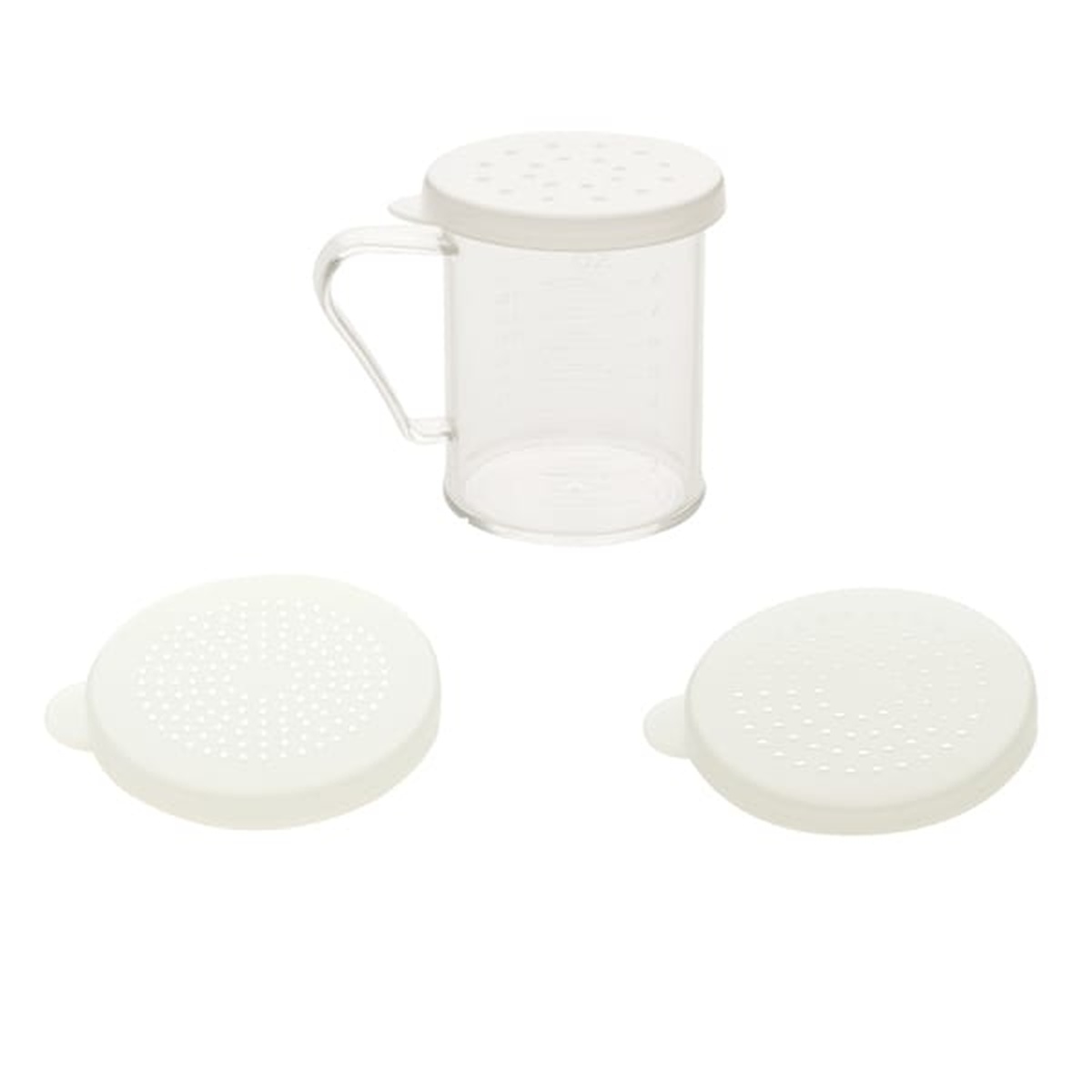 Thunder Group PLRDH003 clear polycarbonate dredge with handle and three white snap-on lids shown separately