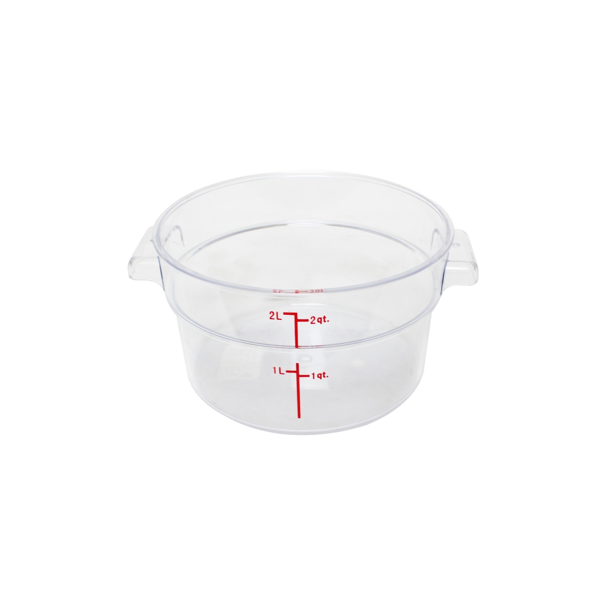Thunder Group PLRFT302PC 2 qt clear polycarbonate round food storage container with red measurement markings at 1 qt and 2 qt levels