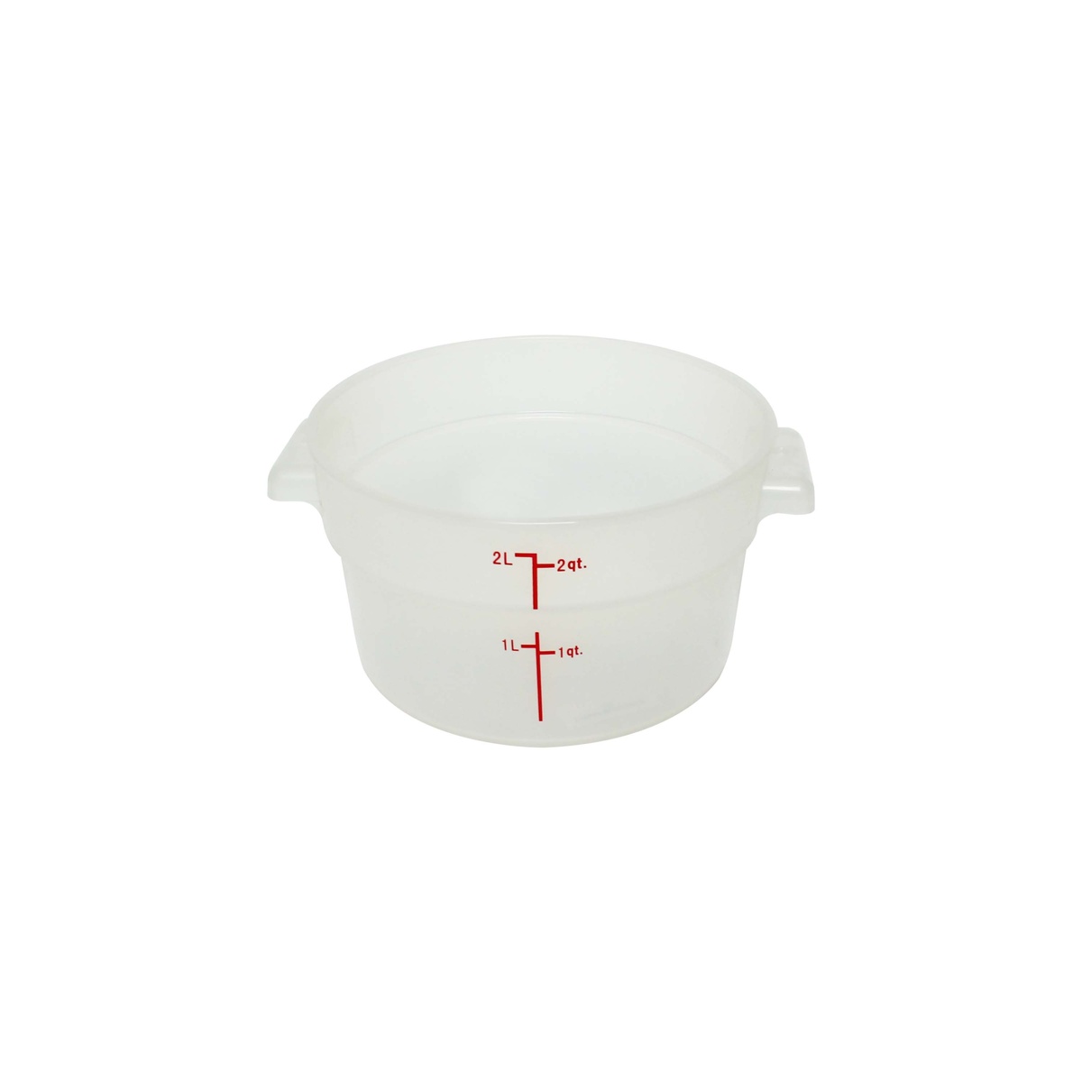 Thunder Group PLRFT302TL 2 qt translucent round polypropylene food storage container with red molded measurement markings