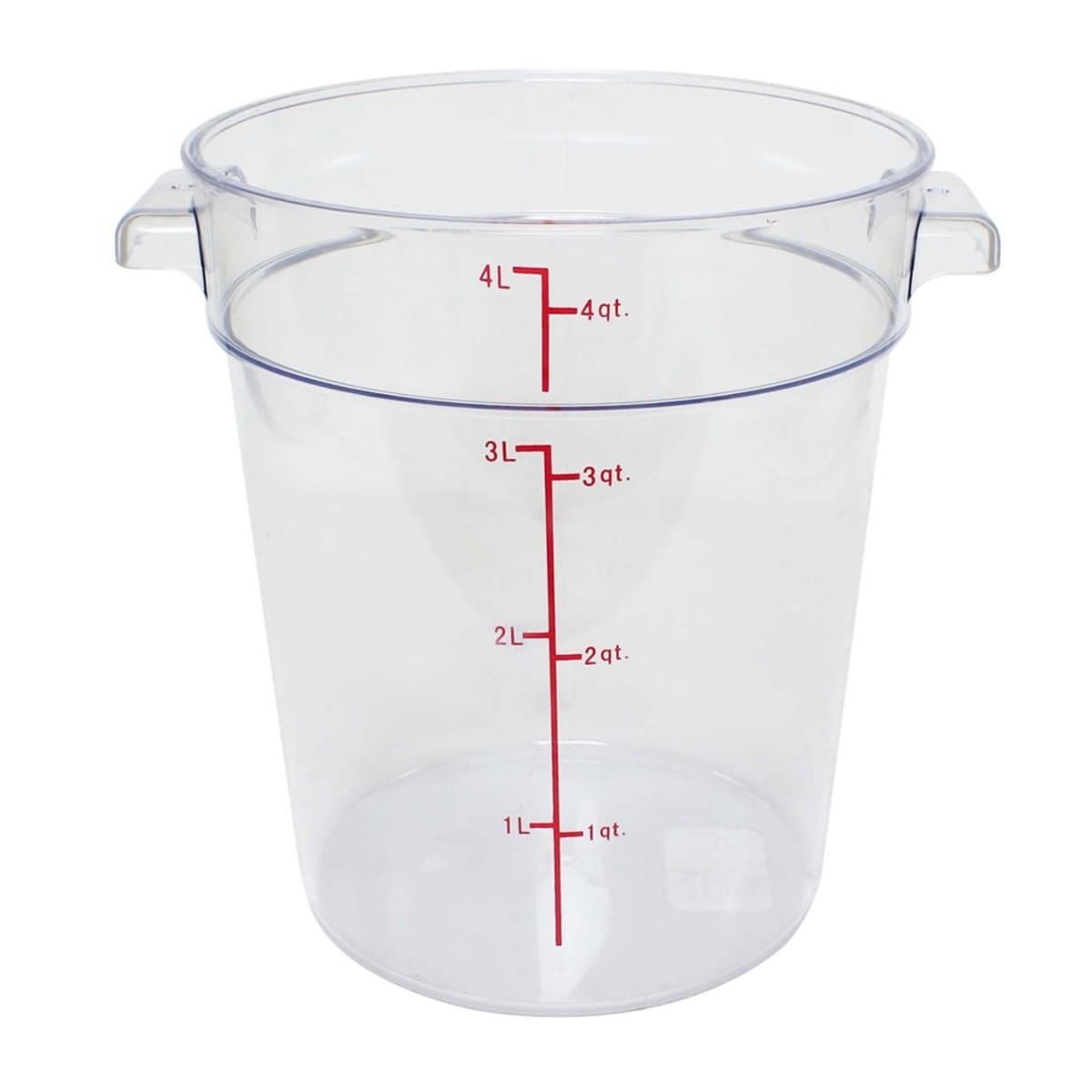 Thunder Group PLRFT304PC 4-quart clear round polycarbonate food storage container with molded liter and quart measurement gradations