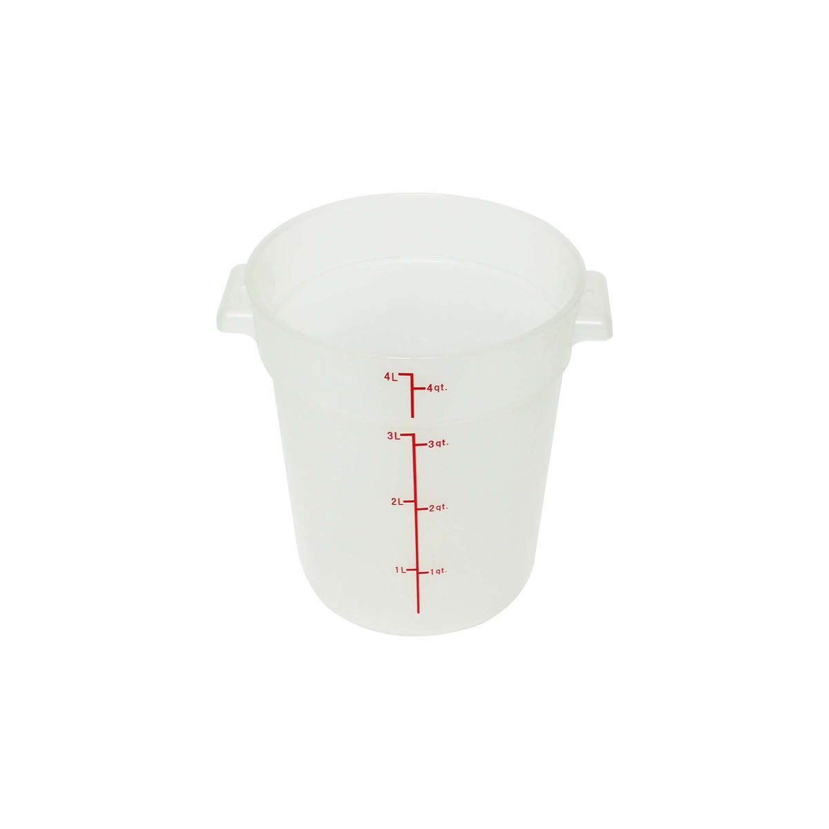 Thunder Group PLRFT304TL 4 qt translucent round polypropylene food storage container with molded measurement markings and side handles
