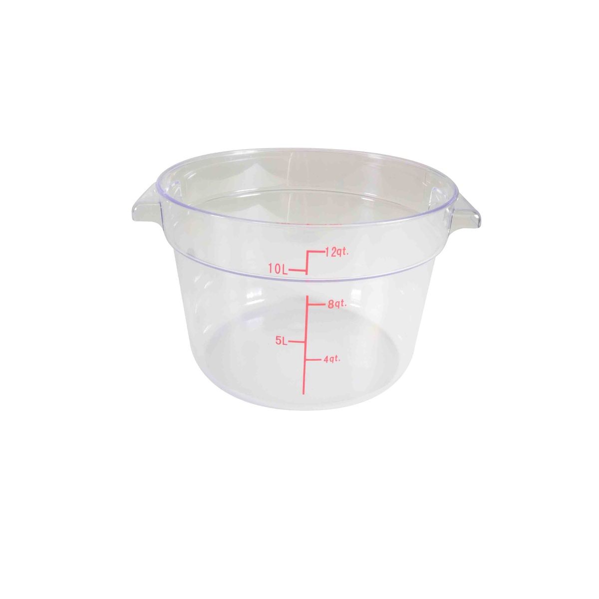 Thunder Group PLRFT312PC 12-quart clear round polycarbonate food storage container with red measurement markings