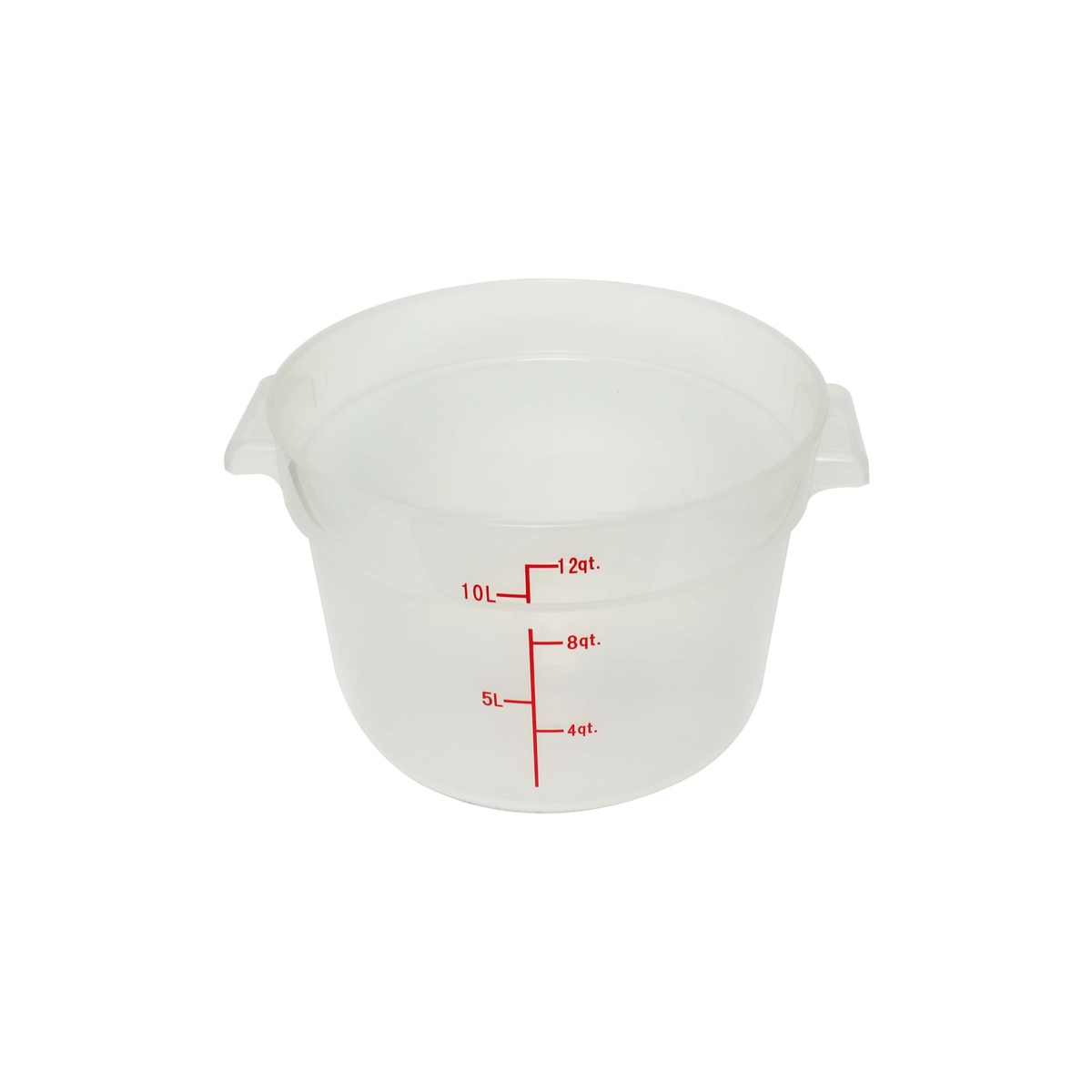 Thunder Group PLRFT312TL 12-quart translucent round polypropylene food storage container with red measurement markings