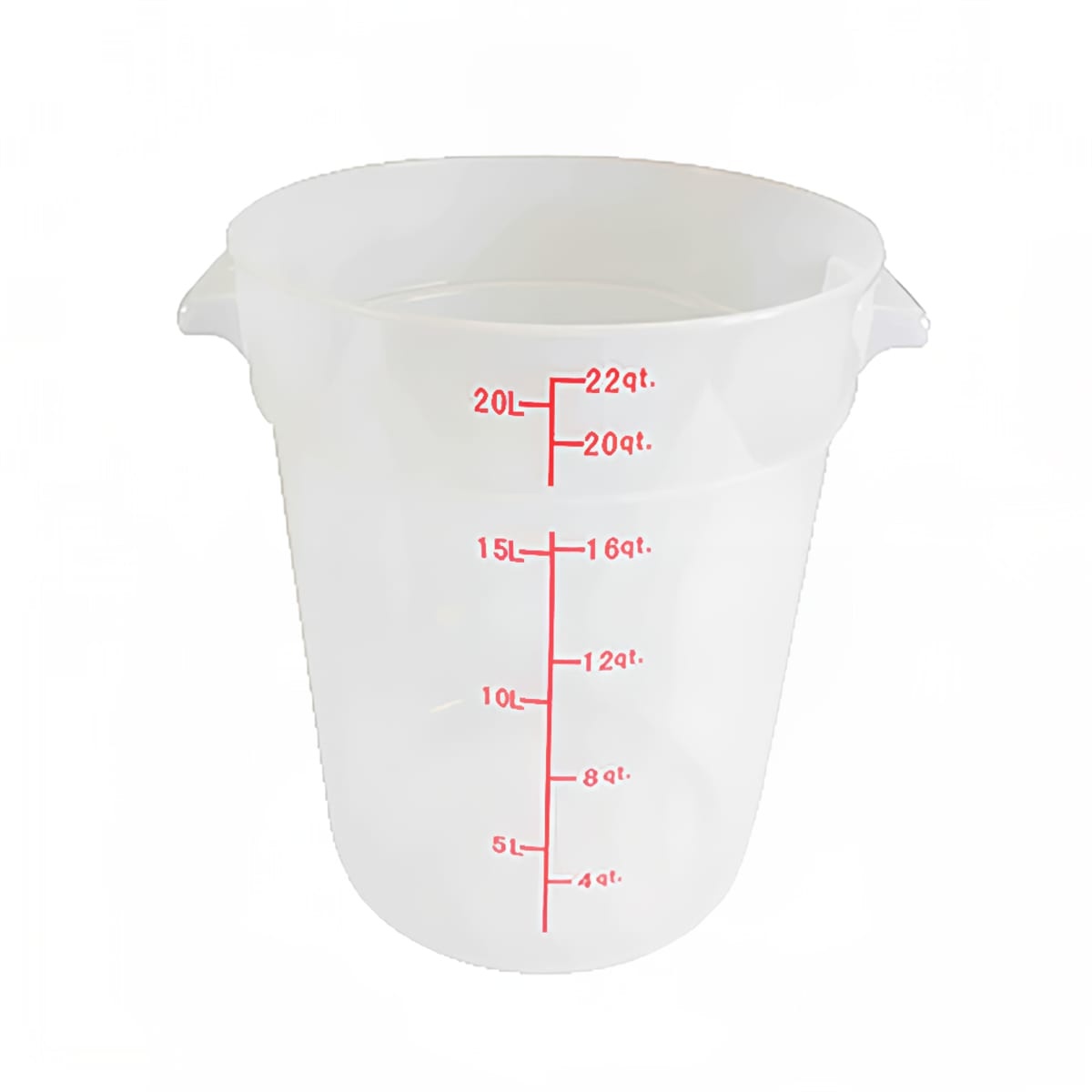 Thunder Group PLRFT322TL translucent round 22-quart polypropylene food storage container with red measurement markings