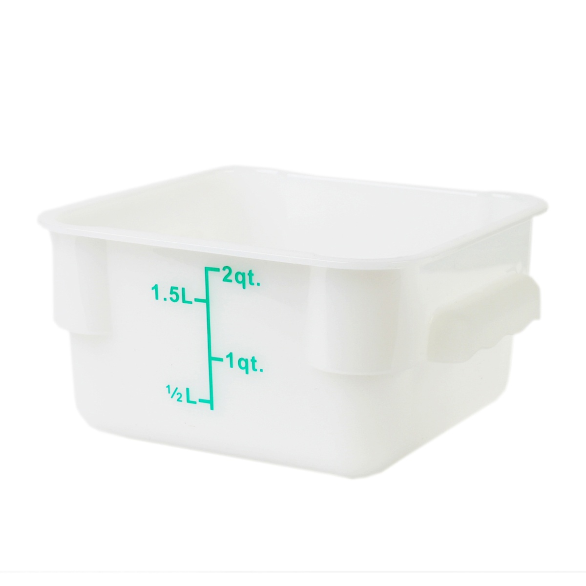 Thunder Group PLSFT002PP white 2-quart square polypropylene food storage container with printed quart and liter measurement markings