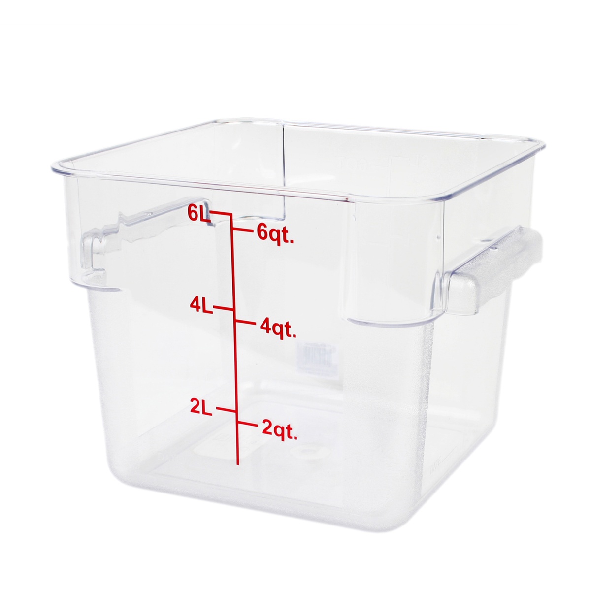 Thunder Group PLSFT006PC 6 qt clear polycarbonate square food storage container with molded quart and liter measurement markings on white background