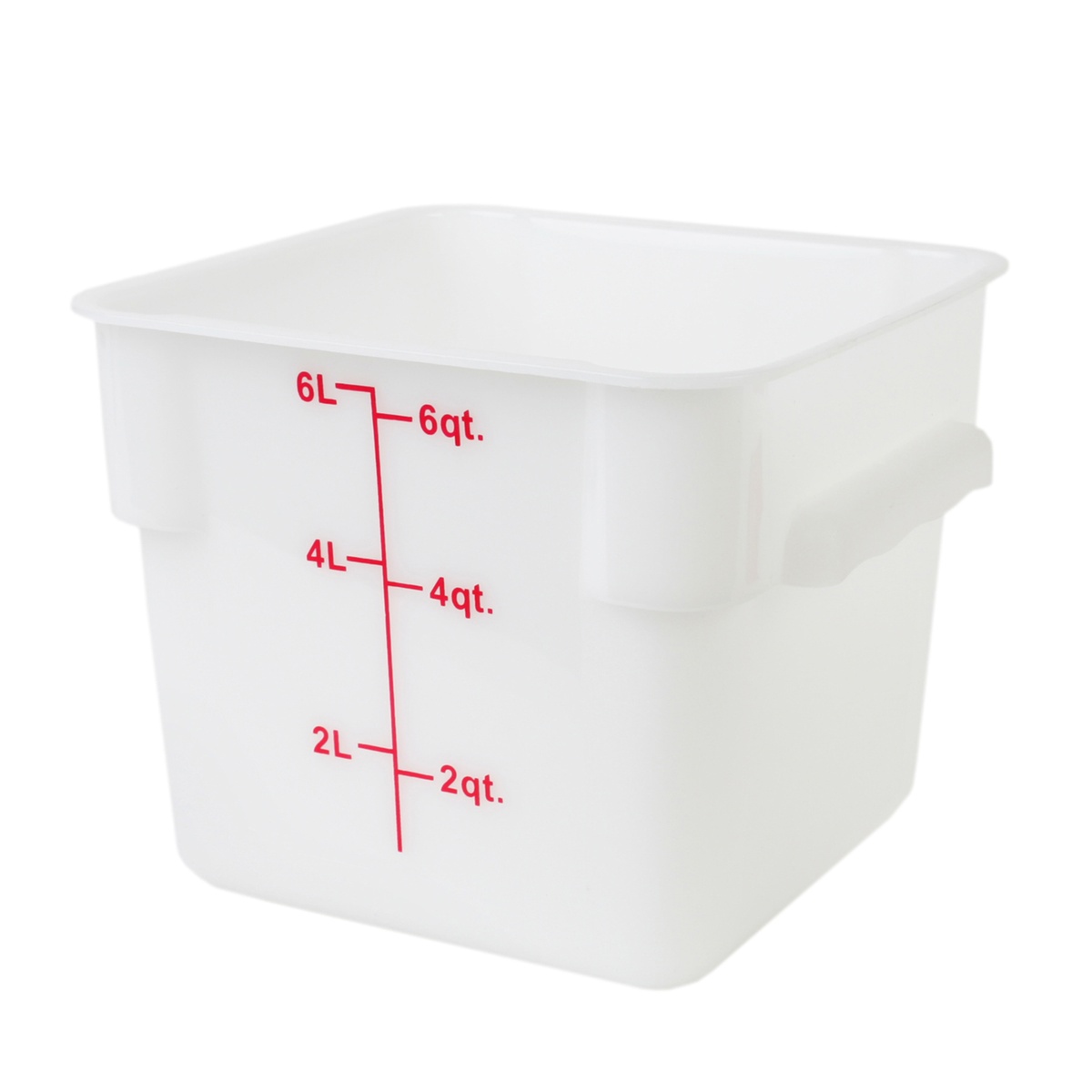 Thunder Group 6 Qt white square polypropylene food storage container with red quart and liter measurement markings on the side