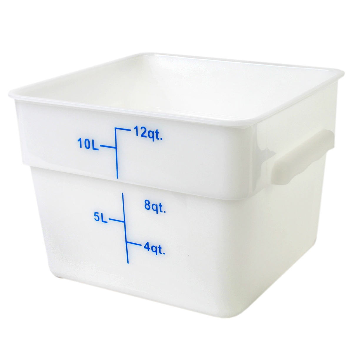 Thunder Group 12 qt white square polypropylene food storage container with blue measurement markings showing 4qt, 8qt, 12qt and 5L, 10L graduations