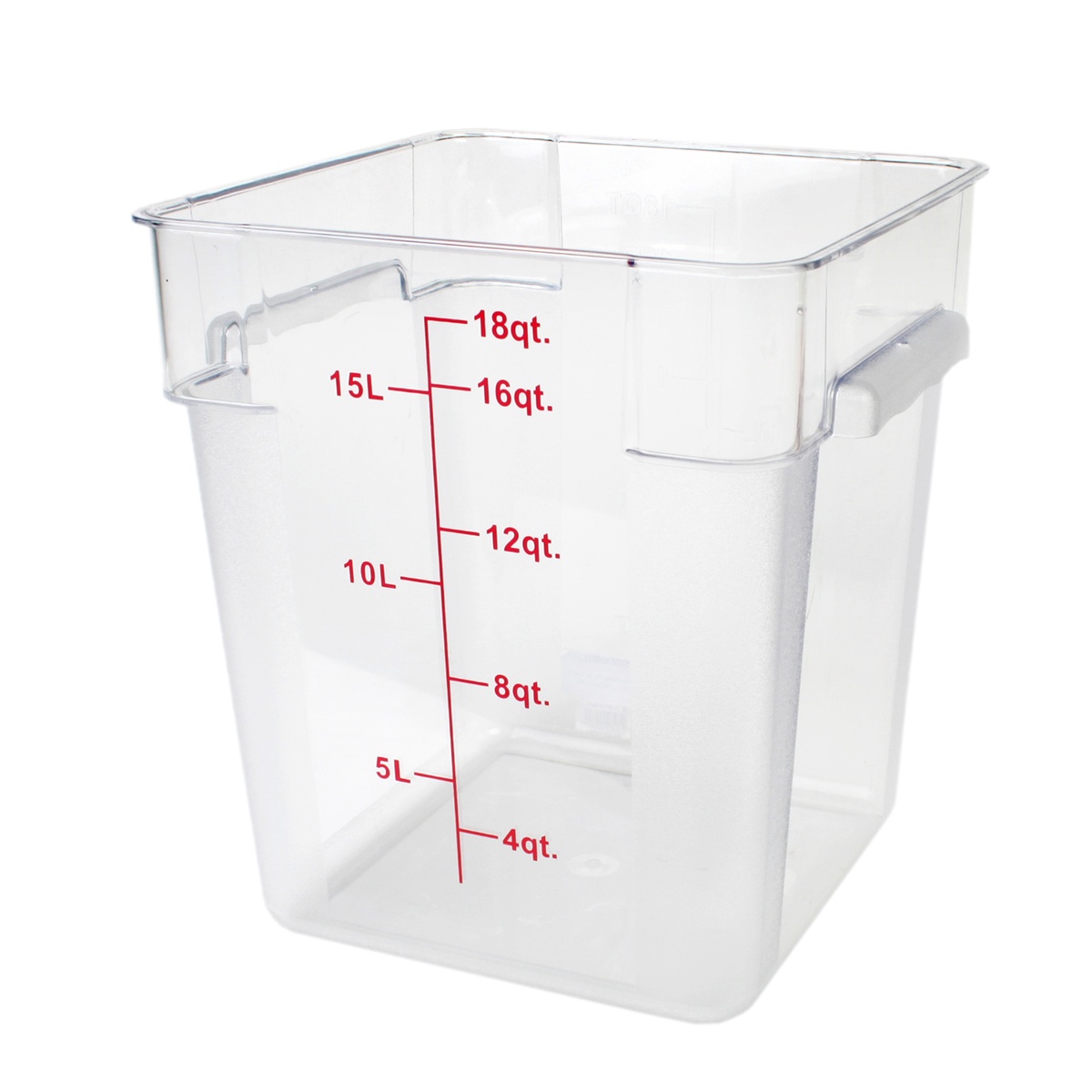 Thunder Group PLSFT018PC 18-quart clear polycarbonate square food storage container with red quart and liter measurement markings