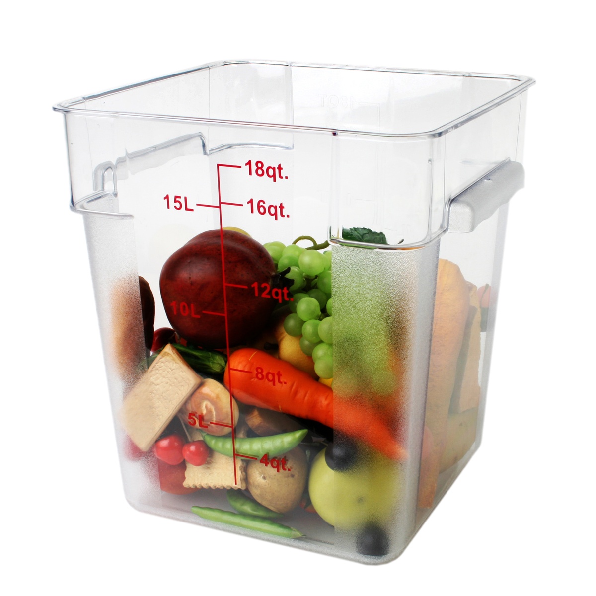 Thunder Group PLSFT018PC clear square polycarbonate container filled with assorted fresh fruits and vegetables showing storage capacity