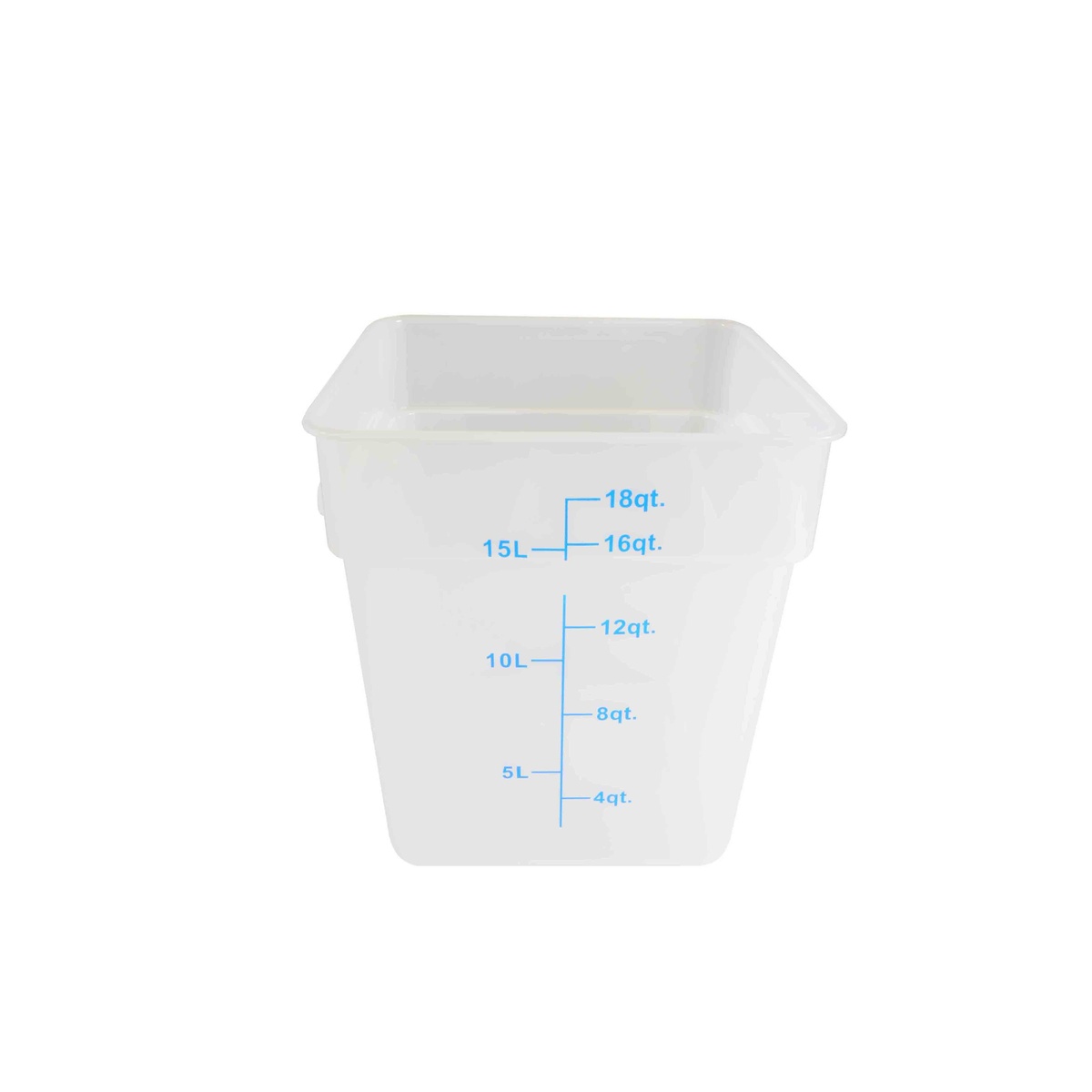 Thunder Group PLSFT018TL 18 qt translucent square polypropylene food storage container with printed quart and liter measurement markings